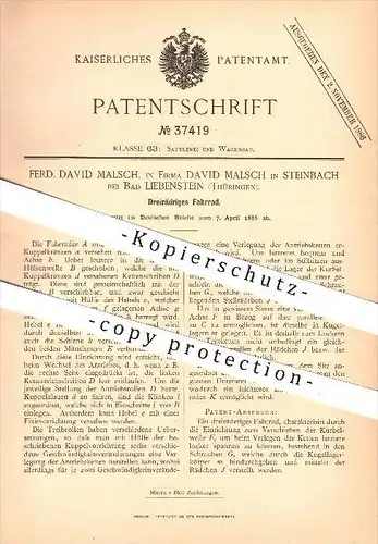 original Patent - David Malsch in Steinbach bei Bad Liebenstein , 1886 , Dreirädriges Fahrrad , bicycle !!!