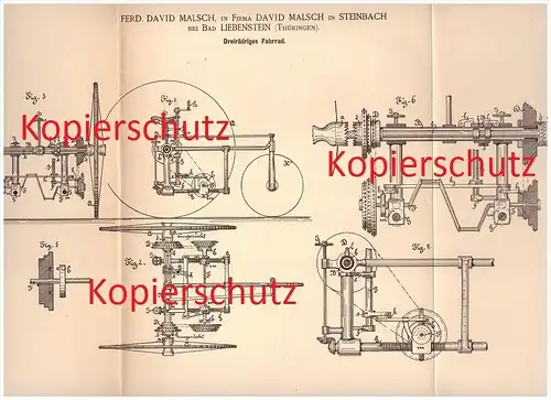 original Patent - David Malsch in Steinbach bei Bad Liebenstein , 1886 , Dreirädriges Fahrrad , bicycle !!!