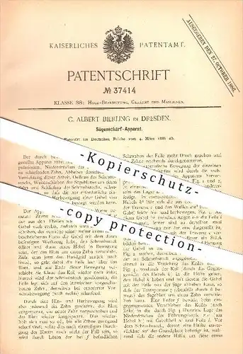original Patent - C. Albert Bierling in Dresden , 1886 , Sägenschärf-Apparat , Säge , Sägen , Schärfmesser , Holz !!!