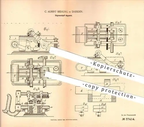 original Patent - C. Albert Bierling in Dresden , 1886 , Sägenschärf-Apparat , Säge , Sägen , Schärfmesser , Holz !!!