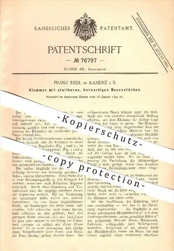 original Patent - Franz Redl in Kamenz i. S. , 1894 , Klemmer mit Nasenstücken , Brille , Sehhilfe , Optiker !!!