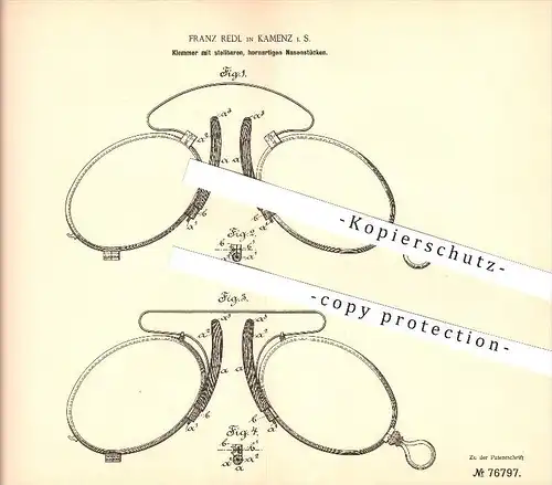 original Patent - Franz Redl in Kamenz i. S. , 1894 , Klemmer mit Nasenstücken , Brille , Sehhilfe , Optiker !!!