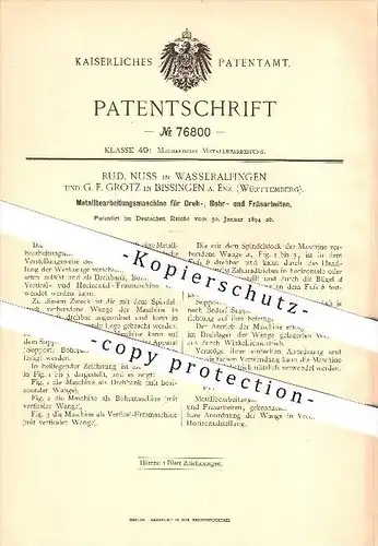 original Patent - Rud. Nuss in Wasseralfingen & G. F. Grotz in Bissingen a. Enz , 1894 , Dreh- , Bohr- und Fräsarbeiten