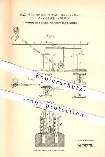 original Patent - M. Pulvermann , Waldenburg i. Schlesien , D. Basch , Berlin ,1893, Fesselung der Tiere beim Schlachten