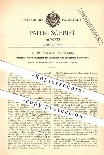 original Patent - Philipp Zeller in Kaufbeuren , 1893 , Optischer Projektionsapparat , Projektion , Bilder , Dia !!!