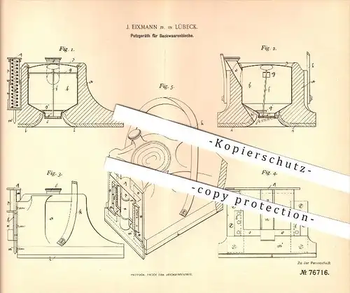 original Patent - J. Eixmann Jr. in Lübeck , 1894 , Putzgerät für Backwarenbleche , Bäckerei , Bäcker , Backen !!!