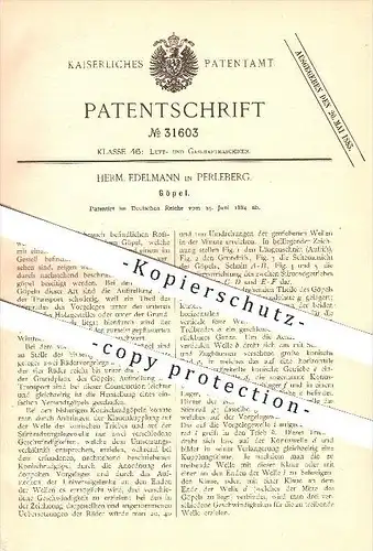 original Patent - Herm. Edelmann in Perleberg , 1884 , Göpel , Kraftmaschinen , Gaskraftmschinen  !!!