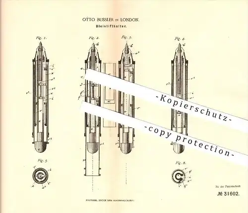 original Patent - Otto Bussler in London , 1883 , Bleistifthalter , Bleistift , Schreibwaren !!!