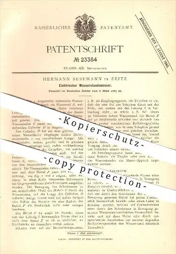 original Patent - Hermann Sesemann in Zeitz , 1883 , Elektrischer Wasserstandsmelder , Kraftmaschinen !!!