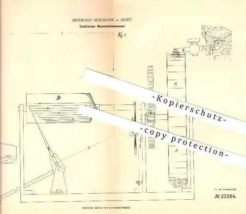 original Patent - Hermann Sesemann in Zeitz , 1883 , Elektrischer Wasserstandsmelder , Kraftmaschinen !!!