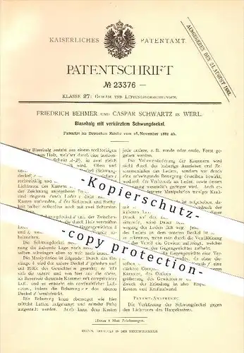 original Patent - Friedrich Behmer und Caspar Schwartz in Werl , 1882 , Blasebalg , Gebläse , Lüftung !!!
