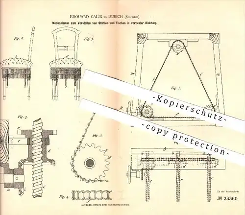 original Patent - Edouard Calix in Zürich , 1883 , Stühle , Tische , Stuhl , Tisch , Tischler , Möbelbauer !!