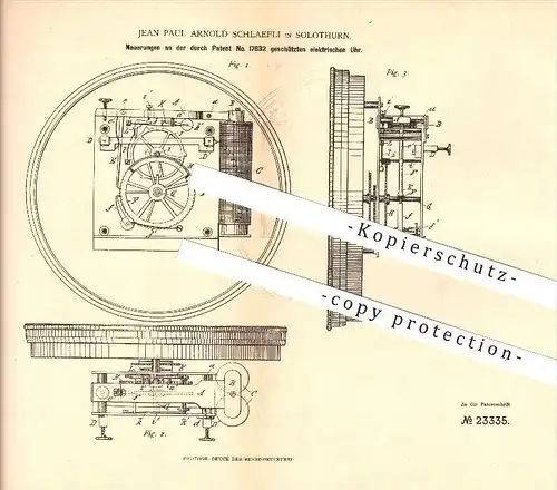 original Patent - Jean Paul Arnold Schlaefli in Solothurn , 1883 , Elektrische Uhr , Uhren , Uhrmacher , Taschenuhr !!!