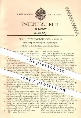 original Patent - Bernh. Ziegler-Ziegelroth in Berlin , 1902 , Prüfung der Lungentätigkeit , Lunge , Atmung , Gesundheit