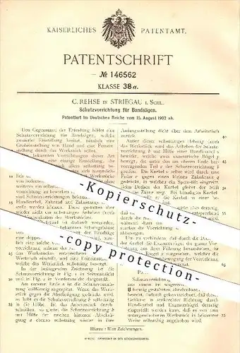 original Patent - C. Rehse in Striegau / Strzegom , 1902 , Schutz  für Bandsägen , Sägen , Holzbau , Schlesien !!!