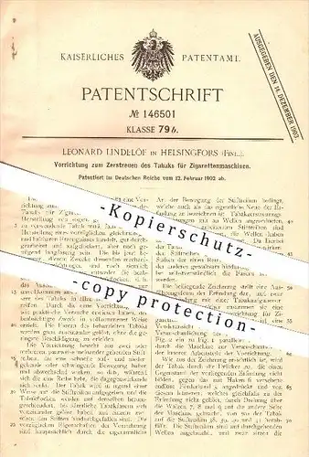 original Patent - Leonard Lindelöf in Helsingfors , Finnland , 1902 , Tabaks für Zigarettenmaschinen , Helsingin !!!