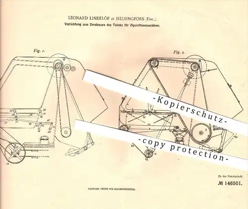 original Patent - Leonard Lindelöf in Helsingfors , Finnland , 1902 , Tabaks für Zigarettenmaschinen , Helsingin !!!