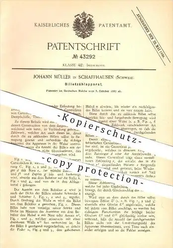 original Patent - Johann Müller in Schaffhausen , 1887 , Billetzählerapparat , Billets , Eisenbahn, Dampfschiff !!!