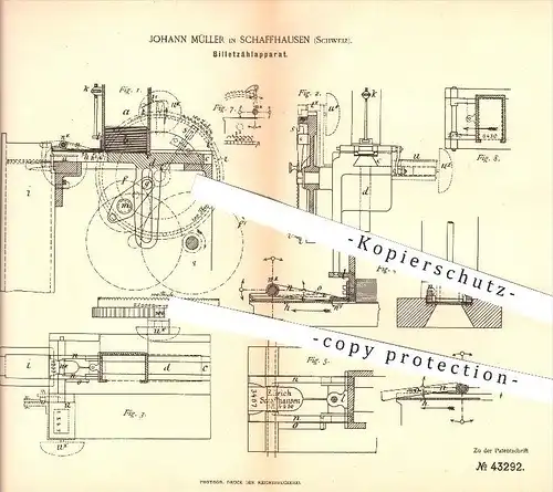 original Patent - Johann Müller in Schaffhausen , 1887 , Billetzählerapparat , Billets , Eisenbahn, Dampfschiff !!!