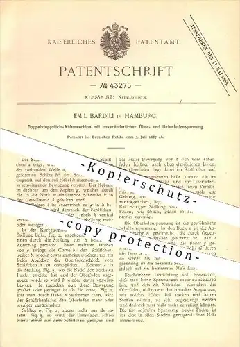 original Patent - Emil Bardili in Hamburg , 1887 , Doppelsteppstich - Nähmaschine , Nähen , Handarbeit !!!