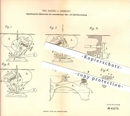 original Patent - Emil Bardili in Hamburg , 1887 , Doppelsteppstich - Nähmaschine , Nähen , Handarbeit !!!