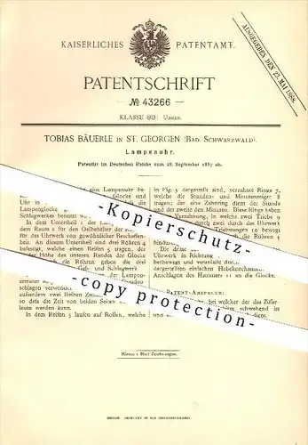 original Patent - Tobias Bäuerle in St. Georgen , 1887 , Lampenuhr , Uhr , Uhrmacher , Lampen , Beleuchtung !!!