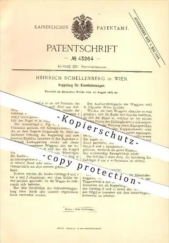 original Patent - Heinrich Schellenberg in Wien , 1887 , Kupplung für Eisenbahnwagen , Eisenbahn , Lokomotiven !!!