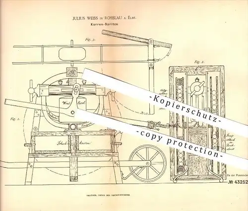 original Patent - Julius Weiss in Rosslau a. Elbe , 1887 , Karren Spritze , Feuerwehr , Pumpen , Pumpe !!!
