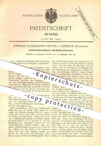 original Patent - A. Gulbrandsen Hovde in Hönefoss , Norwegen , 1887 , Viertelstundenschlagwerk für Uhren , Hønefoss