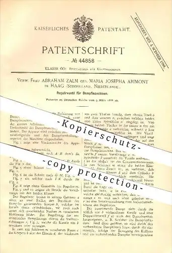 original Patent - A. Zalm geb. Maria Josepha Arimont im Haag , Niederlande , 1888 , Regulierventil für Dampfmaschinen !!