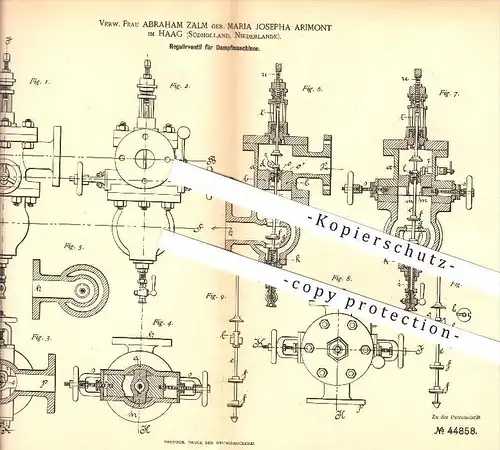 original Patent - A. Zalm geb. Maria Josepha Arimont im Haag , Niederlande , 1888 , Regulierventil für Dampfmaschinen !!