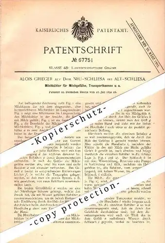 Original Patentschrift - A. Grieger in Neu Schliesa b. Wangern , Schlesien , 1892 , Milchkühler für Milckannen  , Wegry