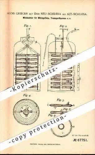 Original Patentschrift - A. Grieger in Neu Schliesa b. Wangern , Schlesien , 1892 , Milchkühler für Milckannen  , Wegry