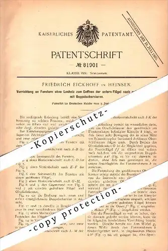 Original Patent - Friedrich Eickhoff in Heinsen b. Holzminden , 1894 , Vorrichtung für Fenster , Fensterbau , Tischlerei