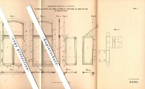 Original Patent - Friedrich Eickhoff in Heinsen b. Holzminden , 1894 , Vorrichtung für Fenster , Fensterbau , Tischlerei
