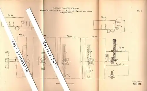 Original Patent - Friedrich Eickhoff in Heinsen b. Holzminden , 1894 , Vorrichtung für Fenster , Fensterbau , Tischlerei