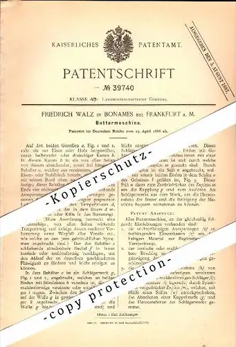 Original Patent - Friedrich Walz in Bonames b. Frankfurt a.M. , 1886 , Buttermaschine , Butter , Landwirtschaft , Agrar