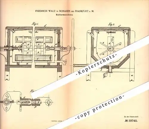 Original Patent - Friedrich Walz in Bonames b. Frankfurt a.M. , 1886 , Buttermaschine , Butter , Landwirtschaft , Agrar