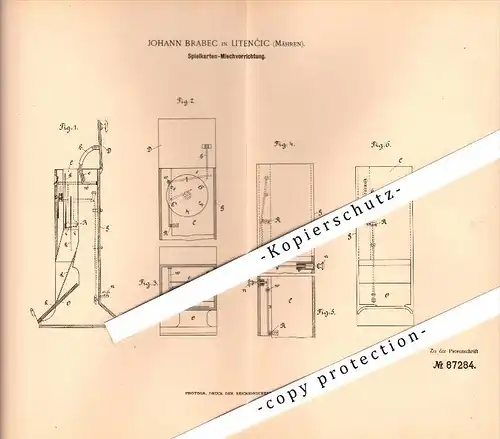 Original Patent - Johann Brabec in Litencic / Litencice , 1895 , Spielkarten - Mischapparat , Karten , Skat , Mähren !!!