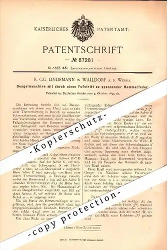 Original Patent - K.G. Lindemann in Walldorf a.d. Werra , 1895 , Dengelmaschine , Landwirtschaft , Agrar !!!