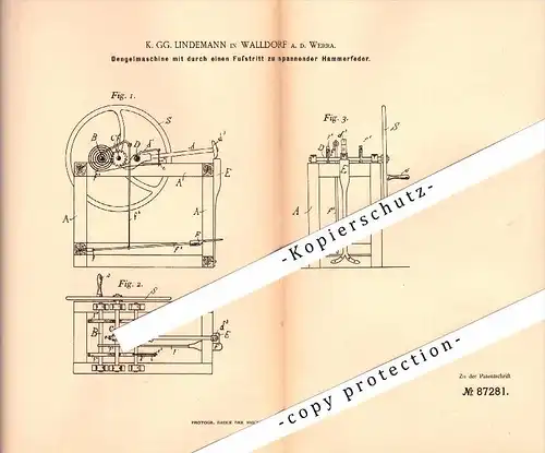 Original Patent - K.G. Lindemann in Walldorf a.d. Werra , 1895 , Dengelmaschine , Landwirtschaft , Agrar !!!