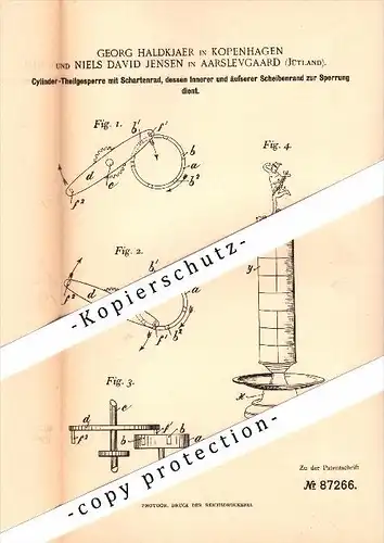 Original Patent - N. Jensen in Aarslevgaard / Aarslev , 1895, Cylinder-Sperre , Georg Haldkjaer in Kopenhagen , Jylland