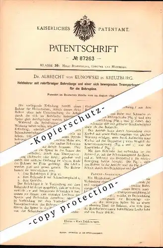 Original Patent - Dr. Albrecht von Kunowski in Kreuzburg / Kluczbork i. Schlesien , 1895 , Holzbohrer , Bohrer !!!