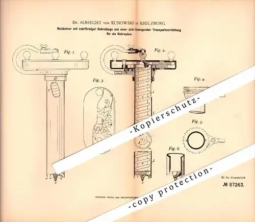 Original Patent - Dr. Albrecht von Kunowski in Kreuzburg / Kluczbork i. Schlesien , 1895 , Holzbohrer , Bohrer !!!