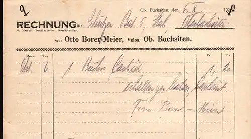 alte Rechnung 1921 , Otto Boren-Meier in Oberbuchsiten , Solothurn , Velos , W. Motschi - Druckerei !!!