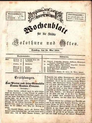 Wochenblatt für Solothurn und Olten 1844 , mit Verzeichnis der abgestiegenen Hotelgäste !!!