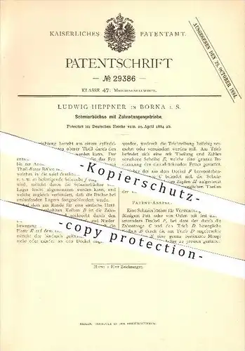 original Patent - Ludwig Heppner in Borna i. S. , 1884 , Schmierbüchse mit Zahnstangengetriebe , Getriebe !!!