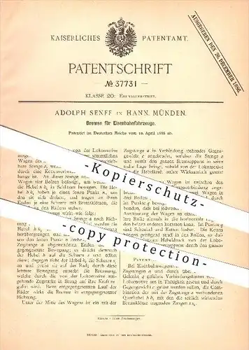 original Patent - Adolph Senff in Hann. Münden , 1886 , Bremse für Eisenbahnfahrzeuge , Eisenbahn !!!