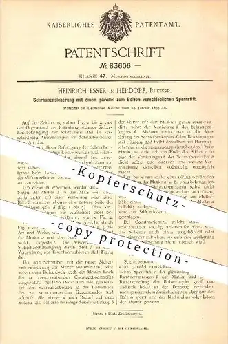 original Patent - Heinrich Esser in Herdorf b. Daaden , Rheinpr. , 1895 , Schraubensicherung mit Sperrstift !!!