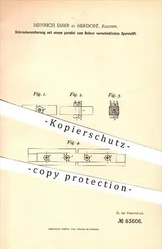 original Patent - Heinrich Esser in Herdorf b. Daaden , Rheinpr. , 1895 , Schraubensicherung mit Sperrstift !!!